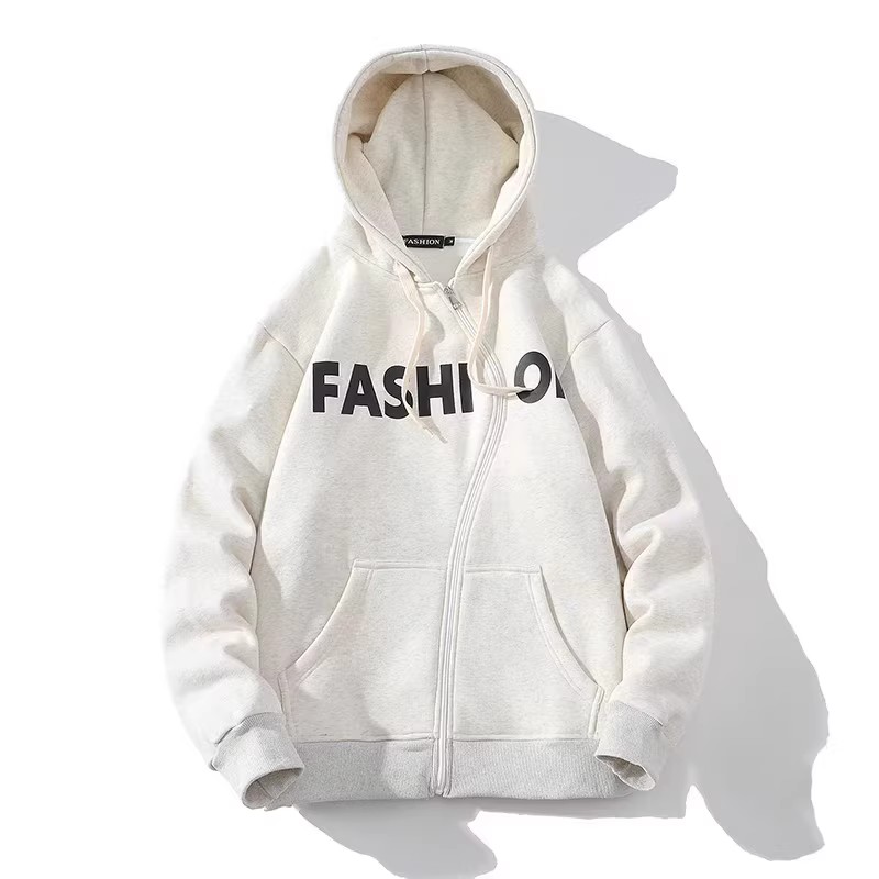 709-2-W600-P80春白底弯拉链设计连帽英文印花百搭卫衣外套,男装卫衣,星座709-2