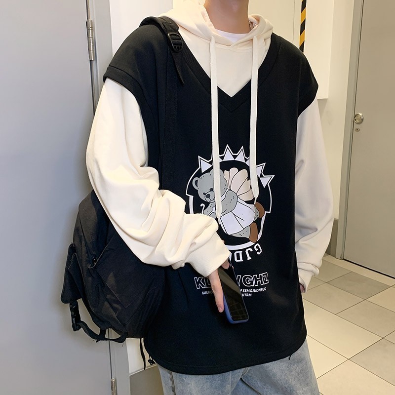 709-2-W017-P55春单人港风假两件小熊印花连帽百搭卫衣潮流,男装卫衣,星座709-2
