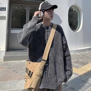 709-2-MY35-P115 春单人 水洗全棉拼麻花辫套头宽松大码毛衣男图片