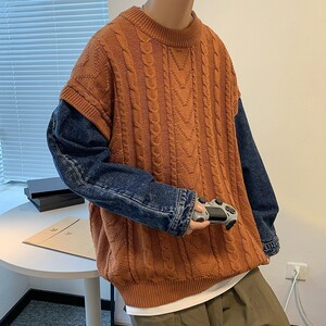 709-2-MY25-P100 春单人 港风休闲复古圆领牛仔拼接百搭毛衣男图片