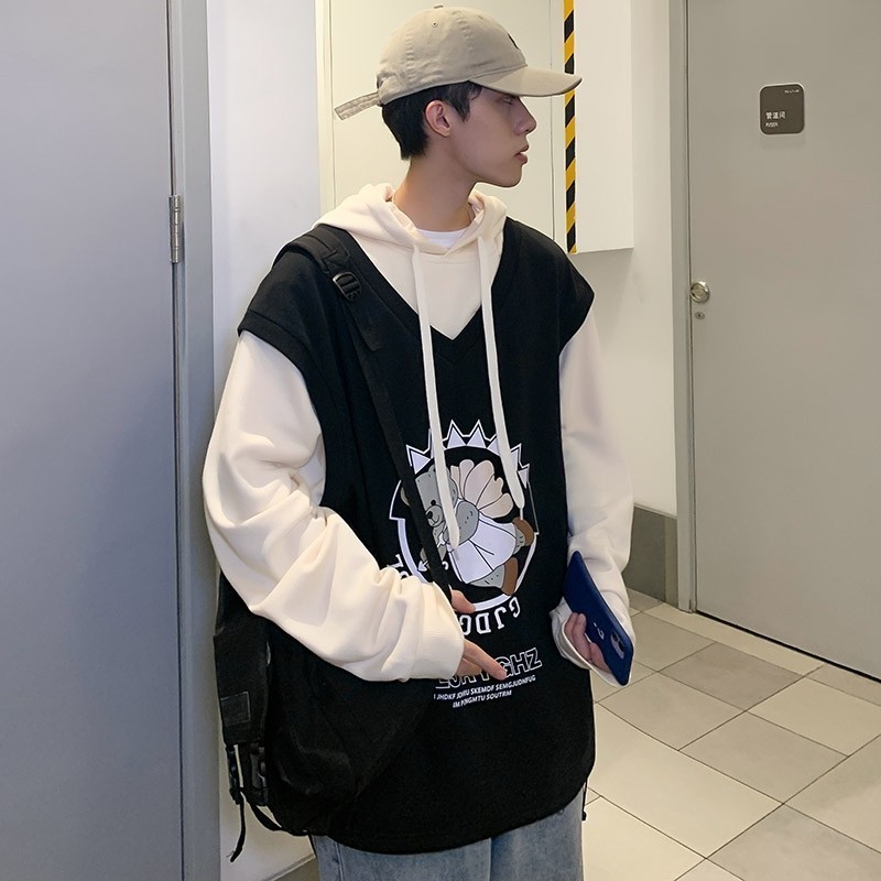 709-2-W017-P55 春单人 港风假两件小熊印花连帽百搭卫衣潮流图片