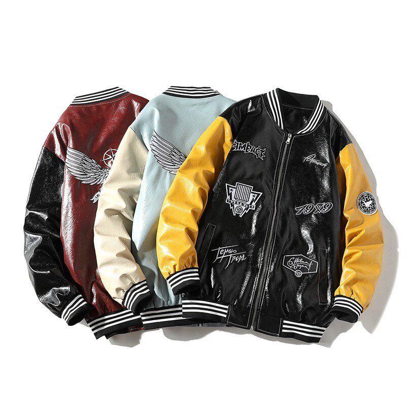 709-2-JK103-P110 春白底 多标刺绣棒球服皮衣夹克外套男潮流图片