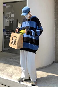 709-2-MY38-P100 春单人 简约连帽毛衣拼色条纹全棉大码外套男图片