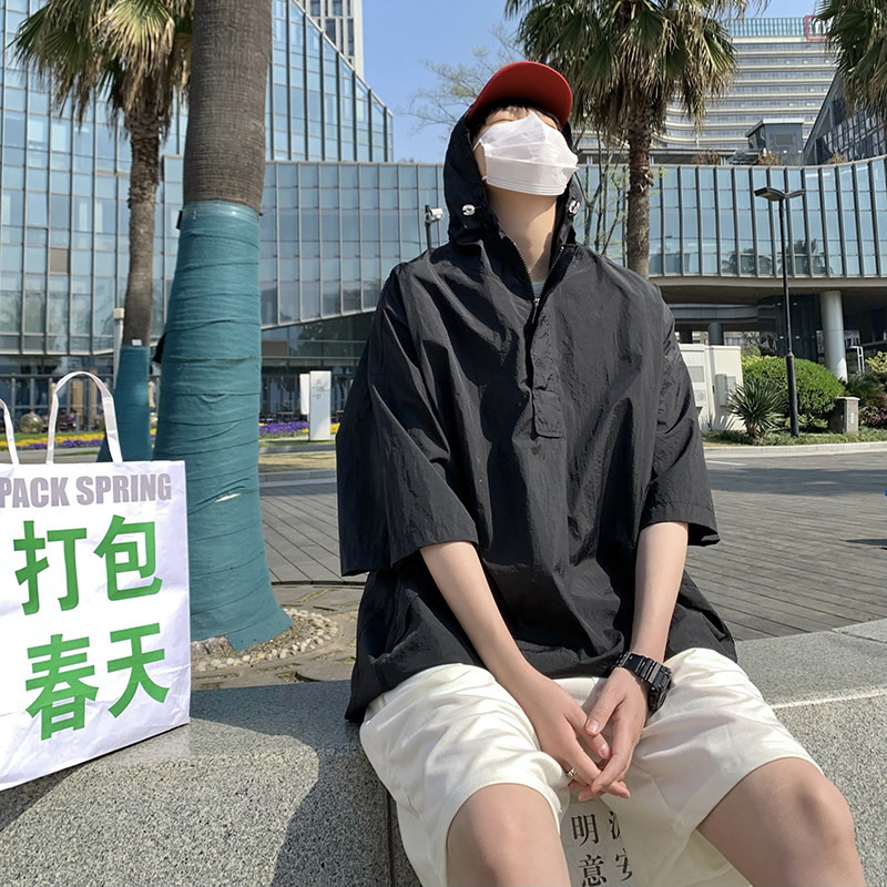709-2-T2305-P50日系连帽防晒五分袖t恤男户外旅游速干港风,男装T恤,星座709-2