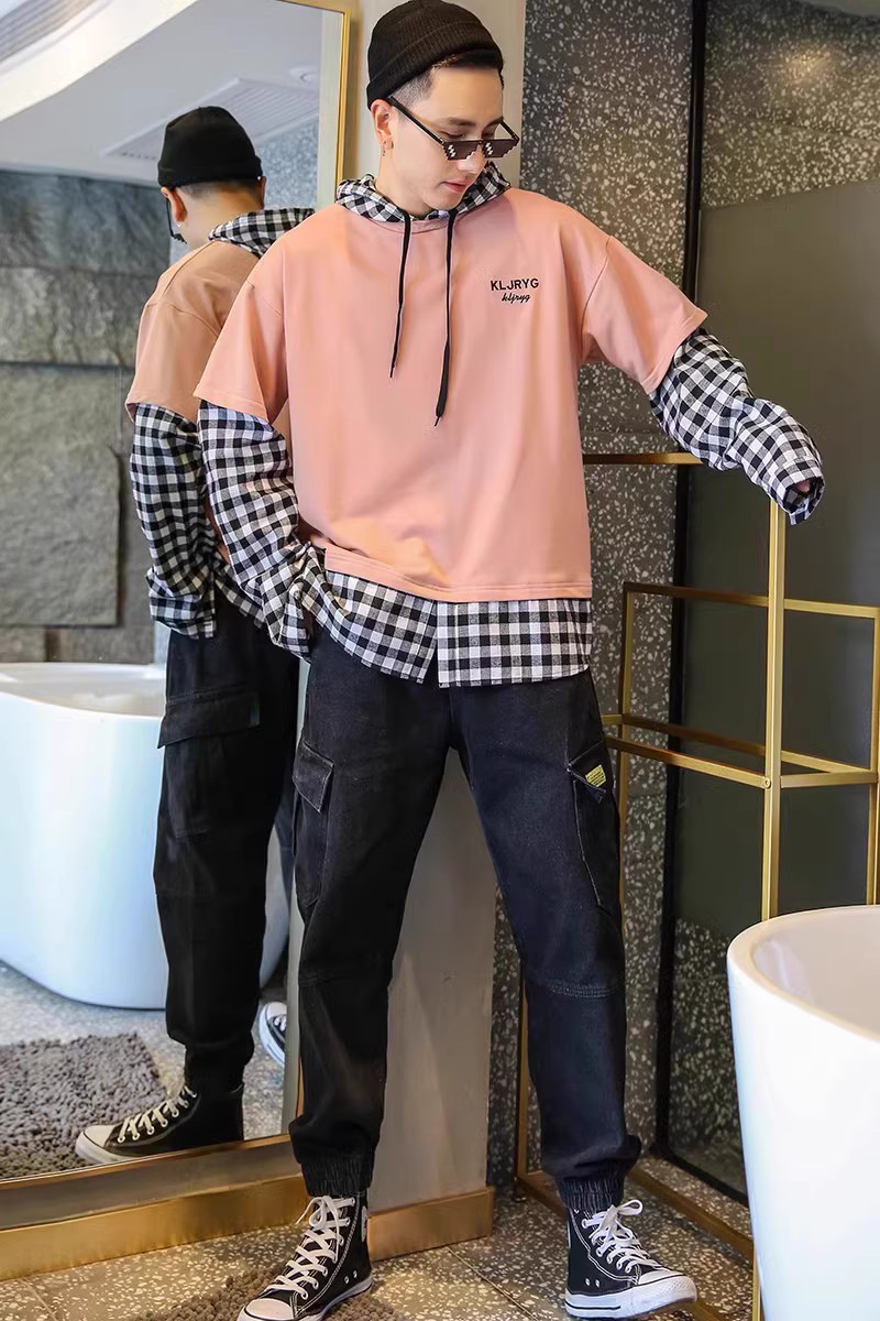 709-2-W32-P3023秋款港风单人连帽假两件卫衣宽松百搭休闲外套,男装卫衣,星座709-2
