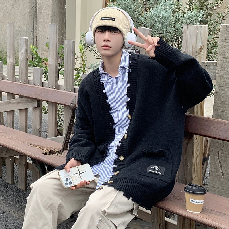 709-2-MY62-P100春单人v领复古破边大口袋针织毛衣情侣,男装针织衫/毛衣,星座709-2