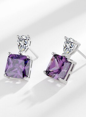 2025欧美潮款轻奢风方形紫色锆石耳钉女 小方糖锆钻耳环跨境ebay