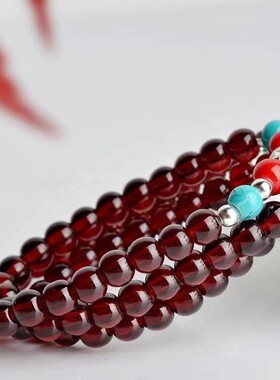 2025酒红色石榴石串珠3圈缠绕手串民族风气质挂脖佛珠串珠念珠男