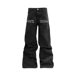 基础标语系列Baggy宽松直筒金属拉链黑色牛仔裤 SICKING25AW