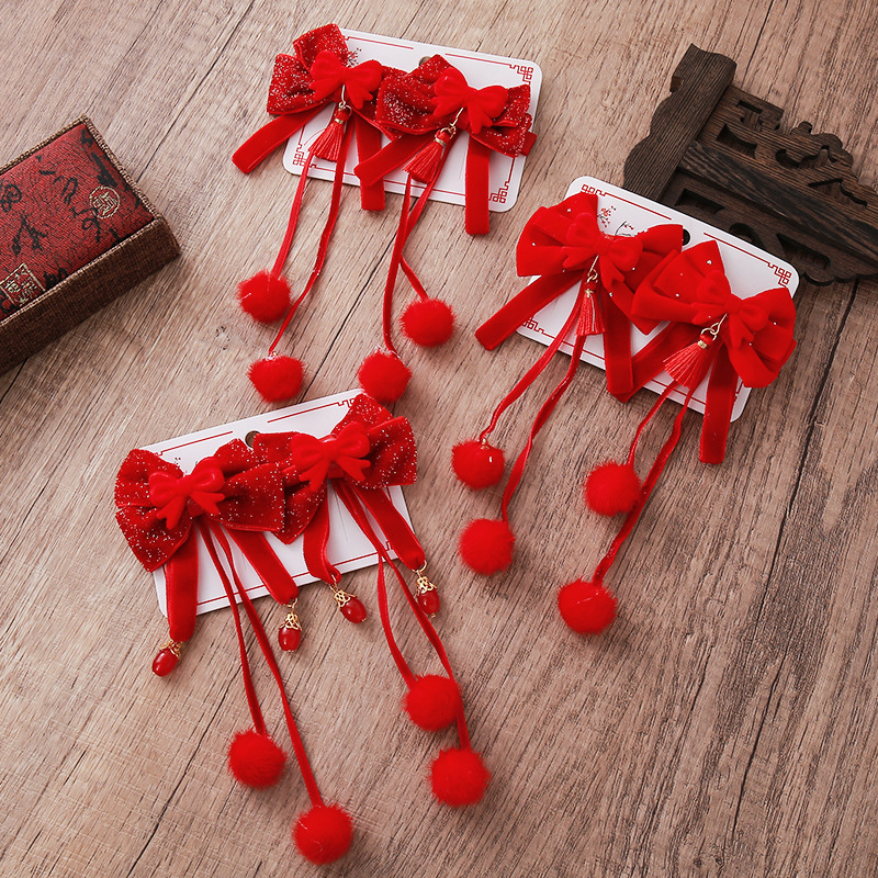 儿童新年流苏红色毛球对夹小女孩喜庆蝴蝶结发夹汉服中国年发饰