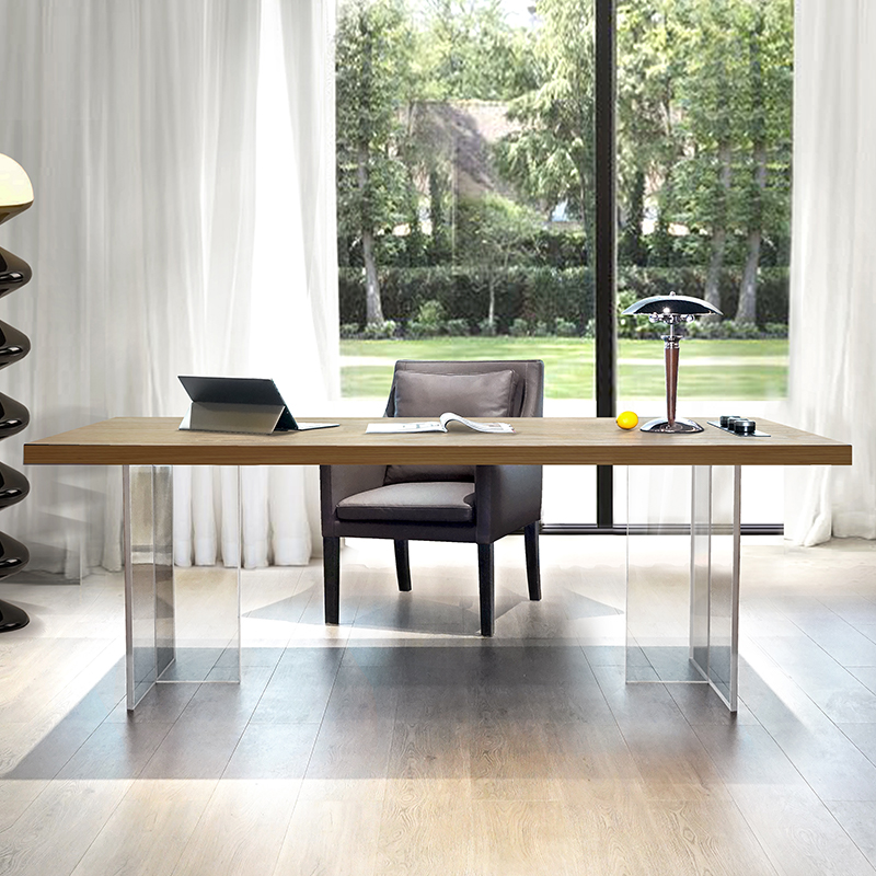 意式极简轻奢设计书房家用书桌办公桌子亚克力现代简约白蜡木实木