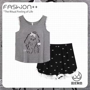 背心印花运动家居服套装 带胸垫凉感型夏季 卡通无袖 短裤 睡衣女款