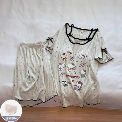 带胸垫睡衣女夏季短袖一体2025新款甜美HelloKitty家居服套装薄款