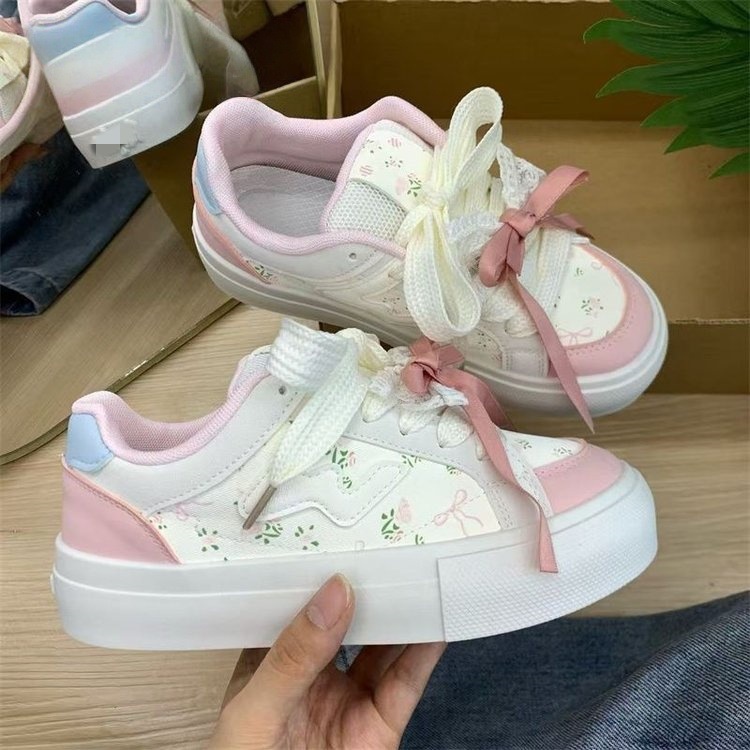 复古软底小碎花休闲板鞋女ins潮2025秋季厚底百搭运动面包德训鞋