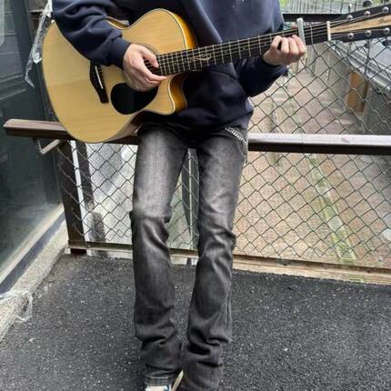 美式高街复古做旧水洗黑灰色微喇牛仔裤男女网红同款修身垂感裤子