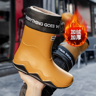 可拆保暖冬季雨靴男士中筒防滑钓鱼鞋冬季加棉套鞋外穿工作防水鞋