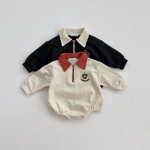 奥莱清仓韩版 衣服胸章翻领包屁衣婴儿哈衣爬爬服宝宝连 新生儿秋季