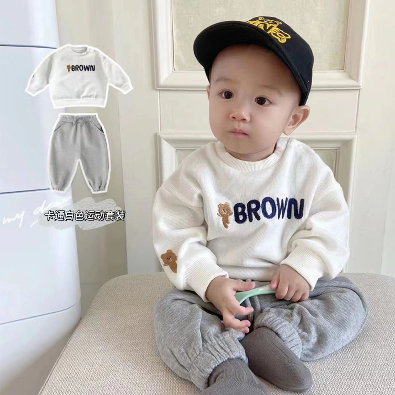 奥莱清仓新款宝宝卡通卫衣春秋衣服男童圆领刺绣字母纯白上衣婴儿