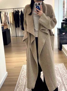 韩式系长浴袍款衣外套女2024秋毛季新款翻领系带宽松KJP显瘦针织