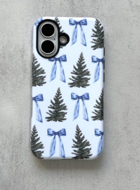 粗心袖口 蓝色系秋冬蝴蝶结圣诞树ins风氛围感手机壳 适用安卓苹果iPhone17ProMax16Pro15Pro手机壳