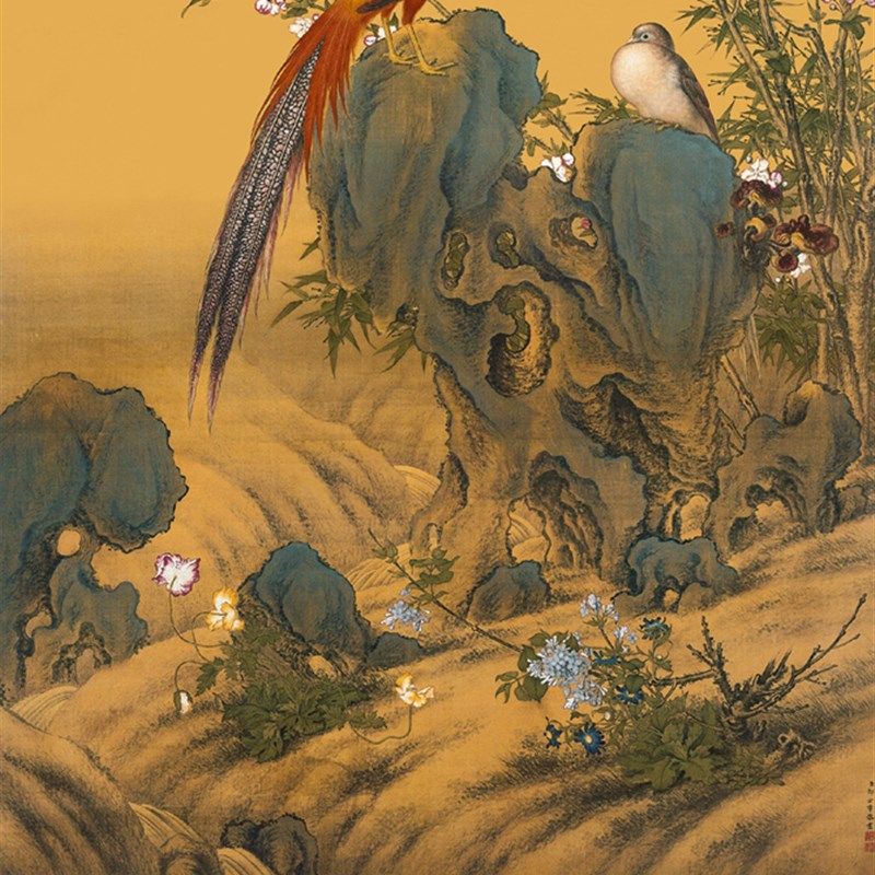 清 郎世宁 锦春图仿古名画复制客厅书房玄关装饰画花鸟画卷轴挂画