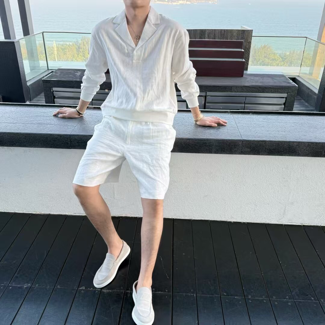春夏新款苎麻枪驳领休闲长袖衬衫着领子设计太洋气老钱风了New