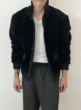 LP秋冬新款立领针织皮草外套男短款纽扣修身皮毛一体夹克百搭New