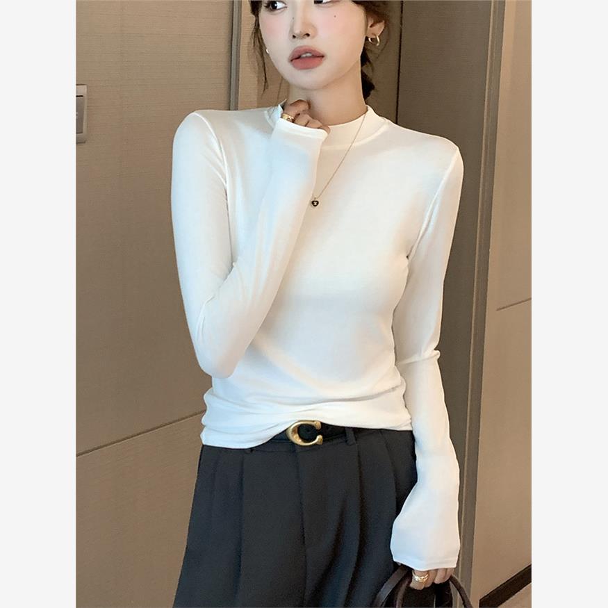 H535新款女装长袖T恤莫代尔打底衫纯色秋衣半高领圆领小立领上衣