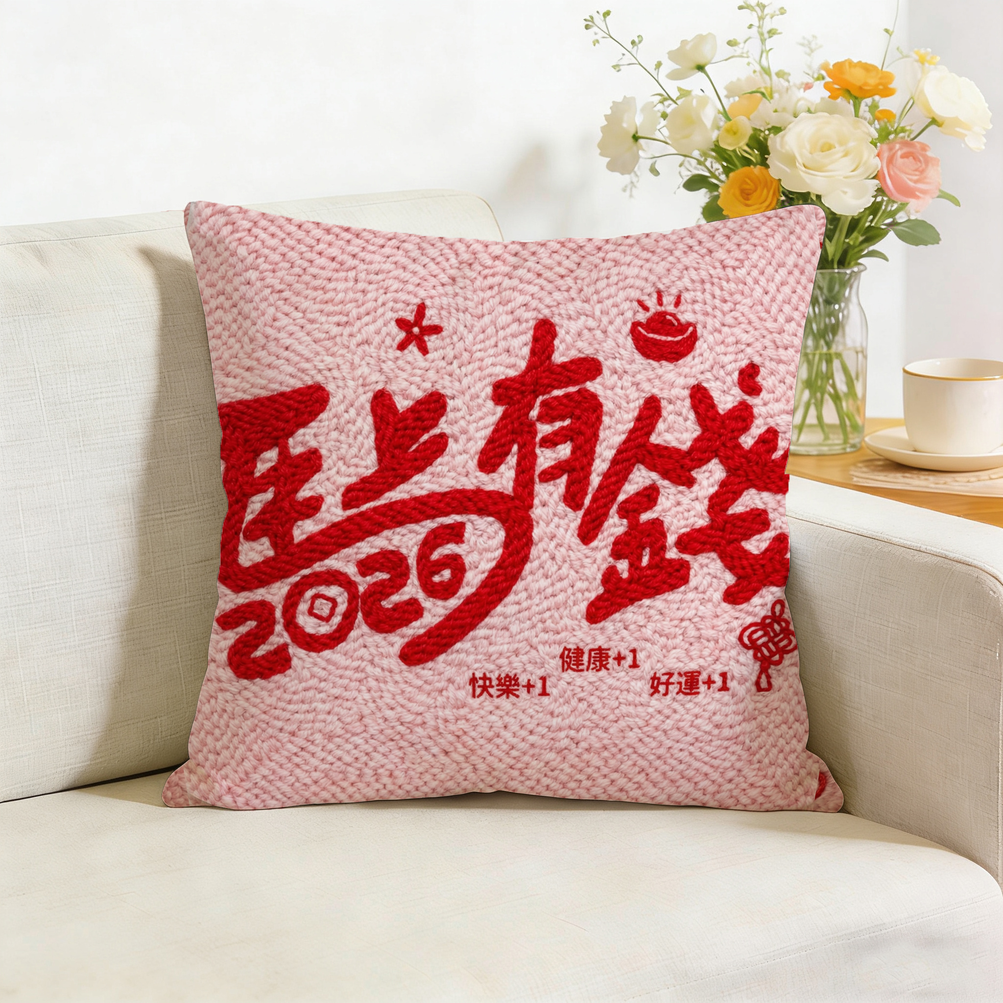 春节喜庆红色3D印刷马年抱枕