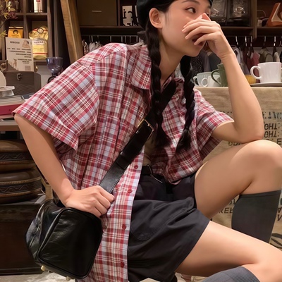 美式vintage短袖格子衬衫女百搭