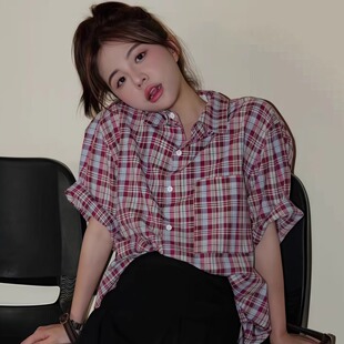 新款 女2025夏季 宽松百搭设计感休闲小众衬衣 衬衫 复古红色格纹短袖