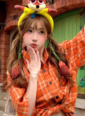 美式复古多巴胺橙色格子短袖衬衫女夏季新款宽松休闲百搭小众衬衣