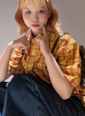 美式黄色格子短袖衬衫女款夏季刺绣宽松多巴胺设计感小众百搭衬衣