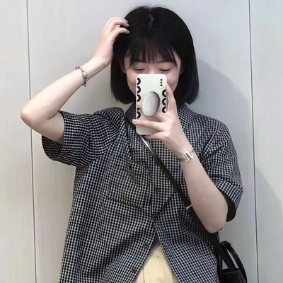 学院风复古格子短袖衬衫百搭休闲