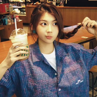 新款 美式 女夏季 衬衫 宽松小众百搭休闲衬衣 复古多巴胺彩纱格纹短袖