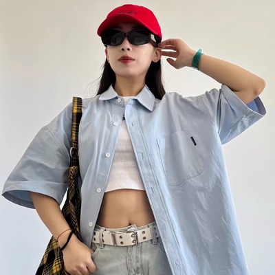 蓝色慵懒风短袖衬衫别致百搭小众