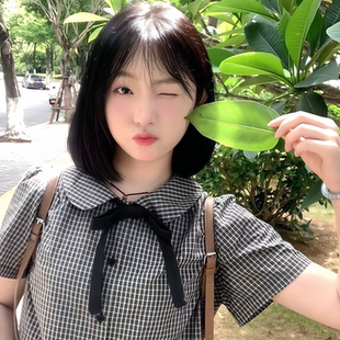 新款 女2025夏季 设计感休闲百搭小众别致衬衣 衬衫 日系chic格纹短袖