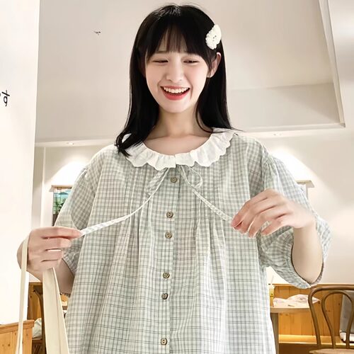 日系chic绿色格子泡泡袖衬衫短袖