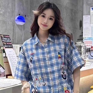 女夏季 衬衫 刺绣宽松小众设计感百搭衬衣 vintage复古格子短袖 美式