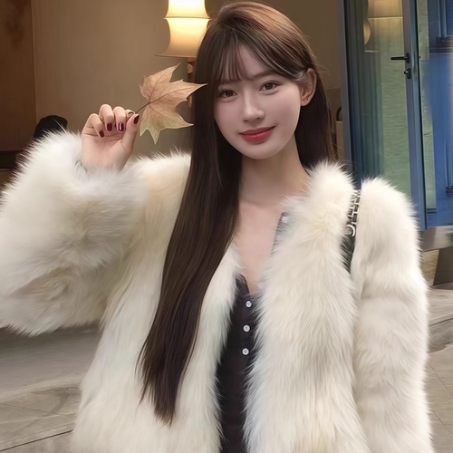 气质千金风白色狐狸毛皮草外套