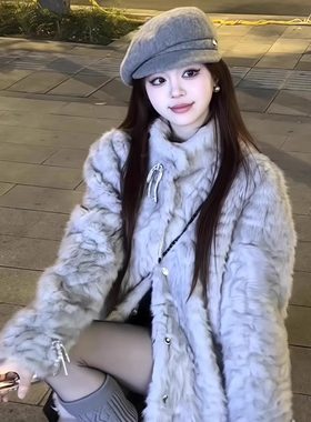 灰色蝴蝶结毛毛外套女款皮草大衣