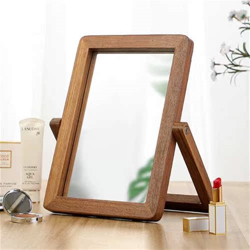 实木家用镜子卧室化妆镜台式大号办公室桌面小型梳妆镜便携可折叠