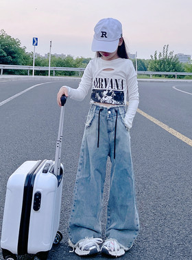 女童设计感渐层毛l边牛仔裤2023春秋新款高腰宽裤宽松拖地裤子潮