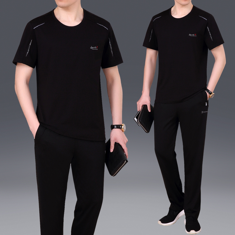 夏季中老年男士短袖长裤套头棉质宽松加肥加大码跑步运动服套装男