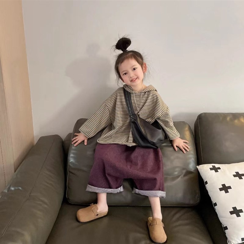 女童春装套装2024新款网红条纹连帽上衣J春秋洋气牛仔阔腿裤两件