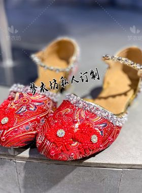 私人定制女童高跟鞋中国风走秀高跟鞋女童民族鞋绣花鞋礼服鞋