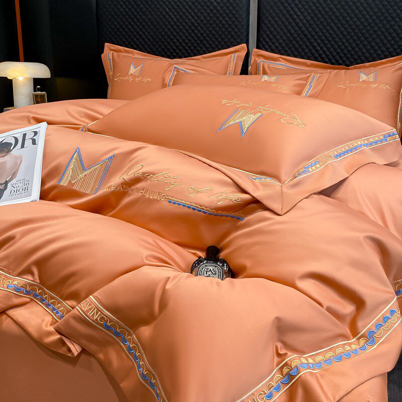 A类双面纯棉刺绣拼角四件套酒店风2024新款全棉被套床单床笠裸睡4