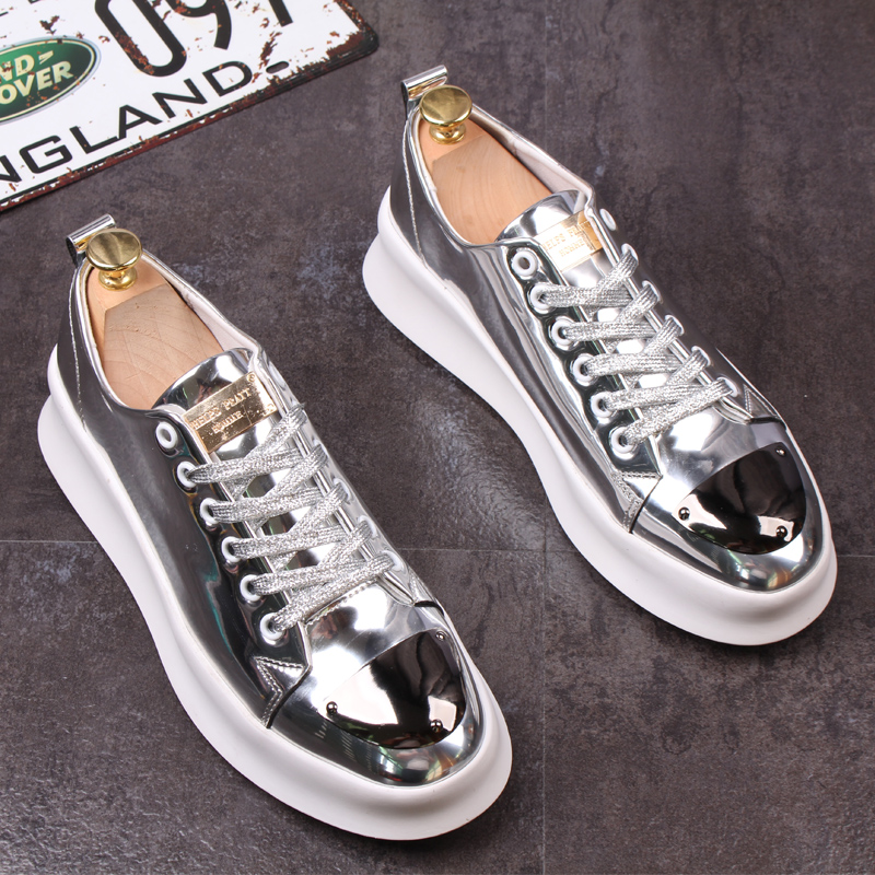 春季韩版潮流男系带透气休闲鞋漆皮金色厚底板鞋内增高低帮男鞋