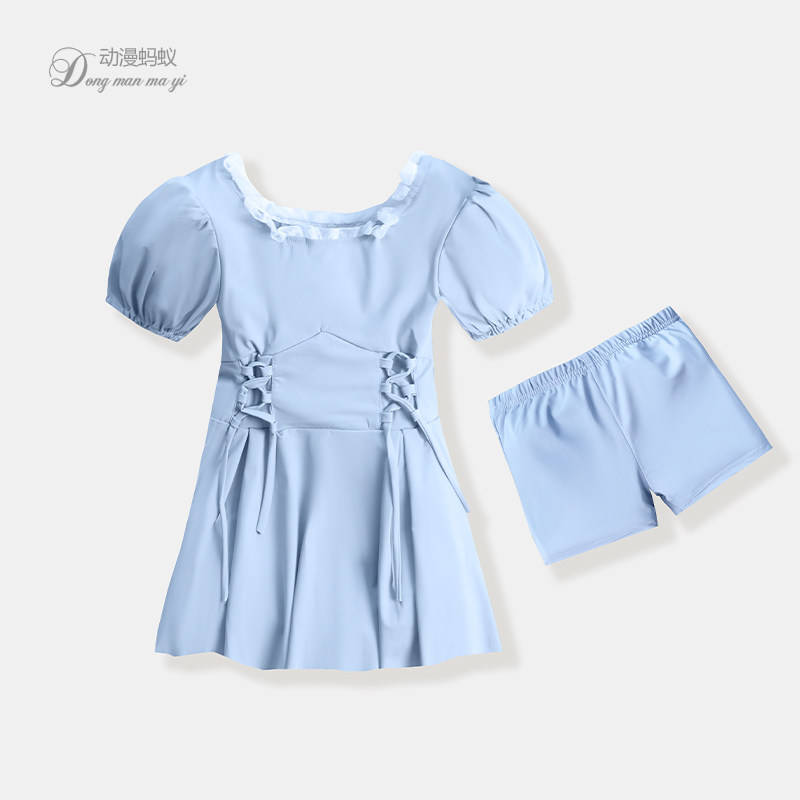 女童连体游泳衣套装夏季2024新款女孩韩版抽绳休闲小清新裙式泳装