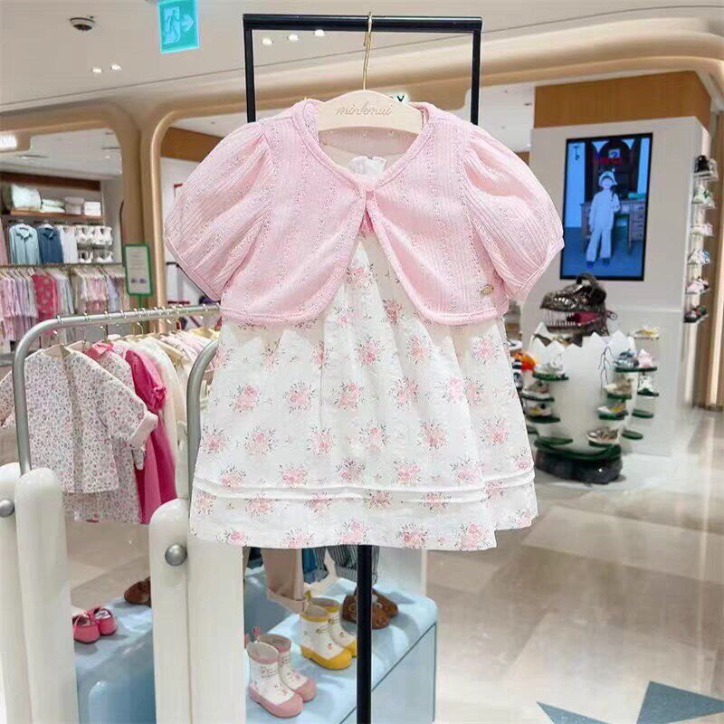 韩国童装 25夏新款女童宝宝纯棉法式粉色小花连衣裙+针织开衫套装